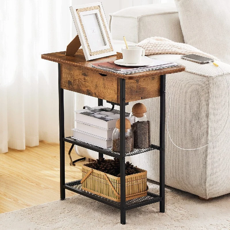 End Table with Charging Station, Narrow Side Table with Storage Shelf for Small Spaces Bedside Nightstand w