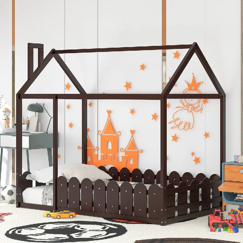 Espresso Kids Wood Bed House Frame with Roof, Fence, and Playhouse Design