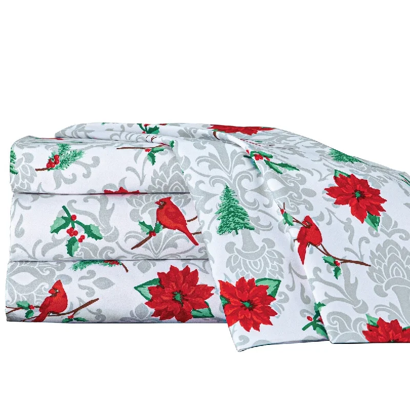 Festive Cardinal and Poinsettia Bed Sheet Set