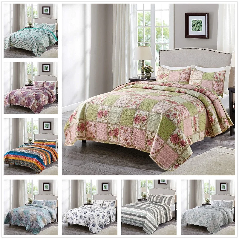 Floral Print Microfiber Quilt Coverlet Set in King Size