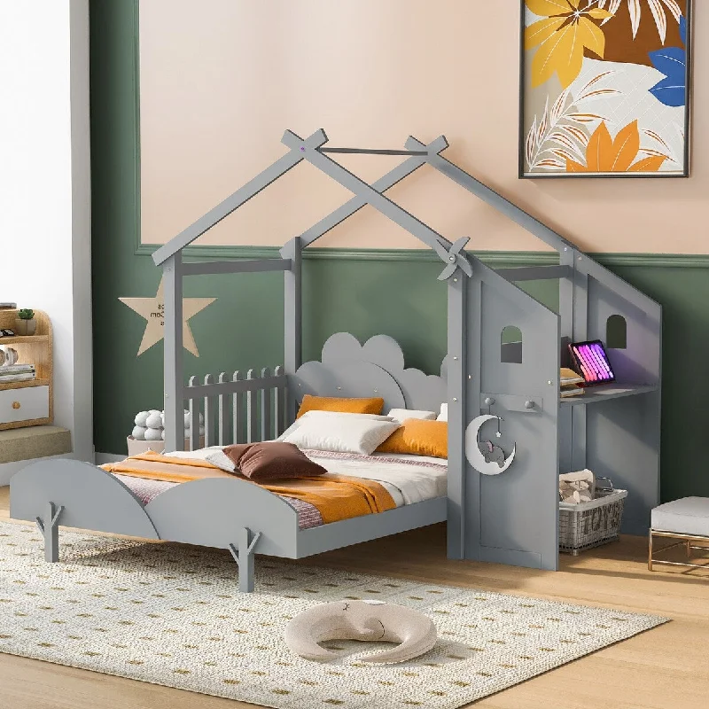 Full Size House Platform Bed with Windmill and Flower Decor, Desk