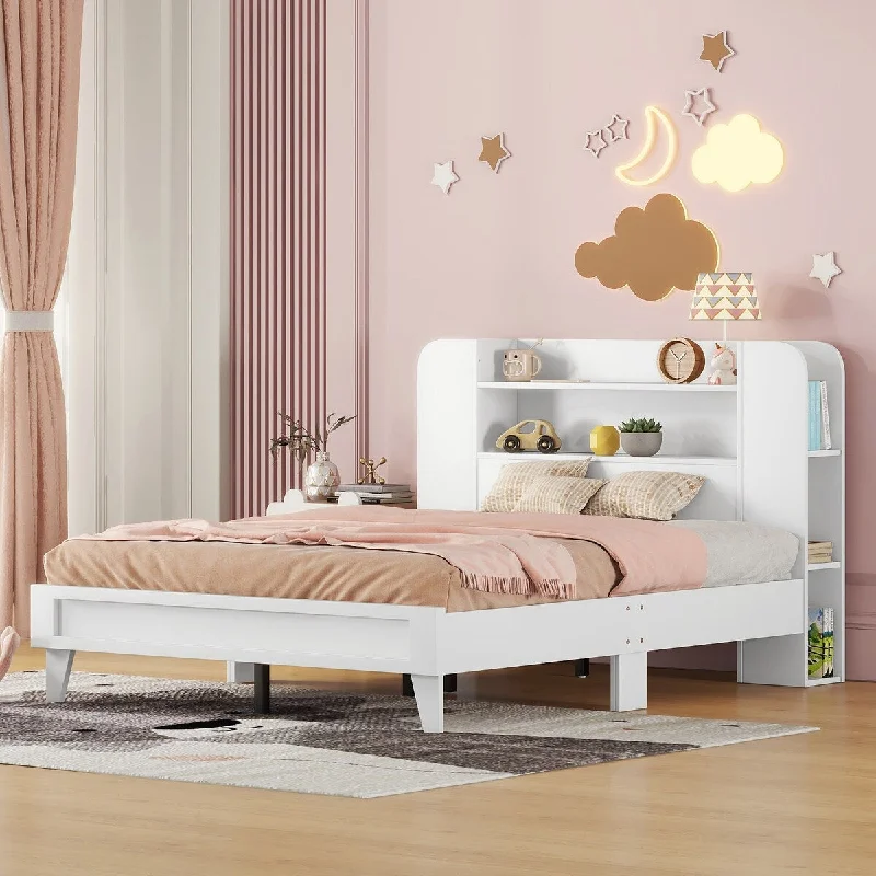 Full Size Platform Bed with Storage Bookshelf Headboard