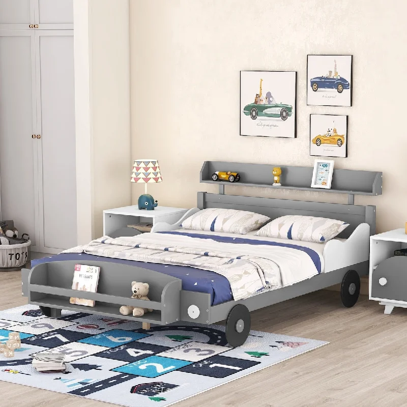 Gray Full Size Pine Wood Car Platform Bed with Storage Shelves