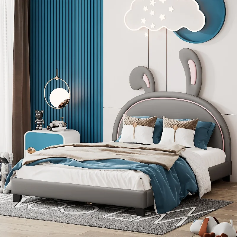 Gray Full Size Upholstered Leather Platform Bed with Rabbit Ornament - High Load Capacity