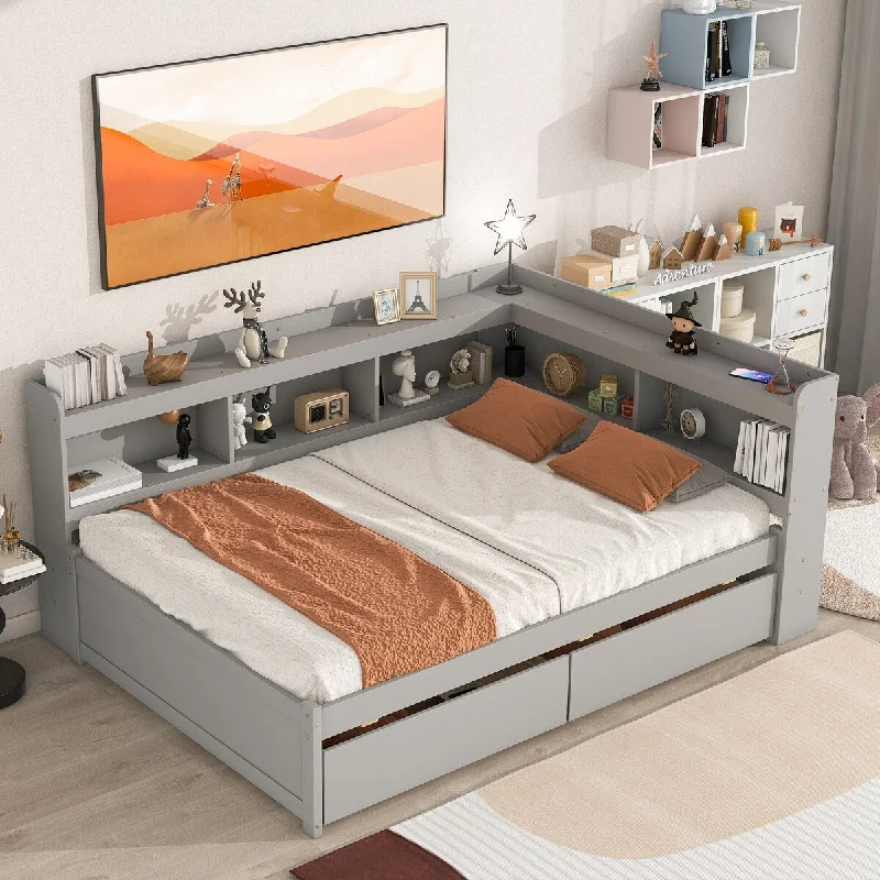 Gray Pine Wood Full Bed with L-Shaped Bookcases, 2 Storage Drawers, Minimalistic Design