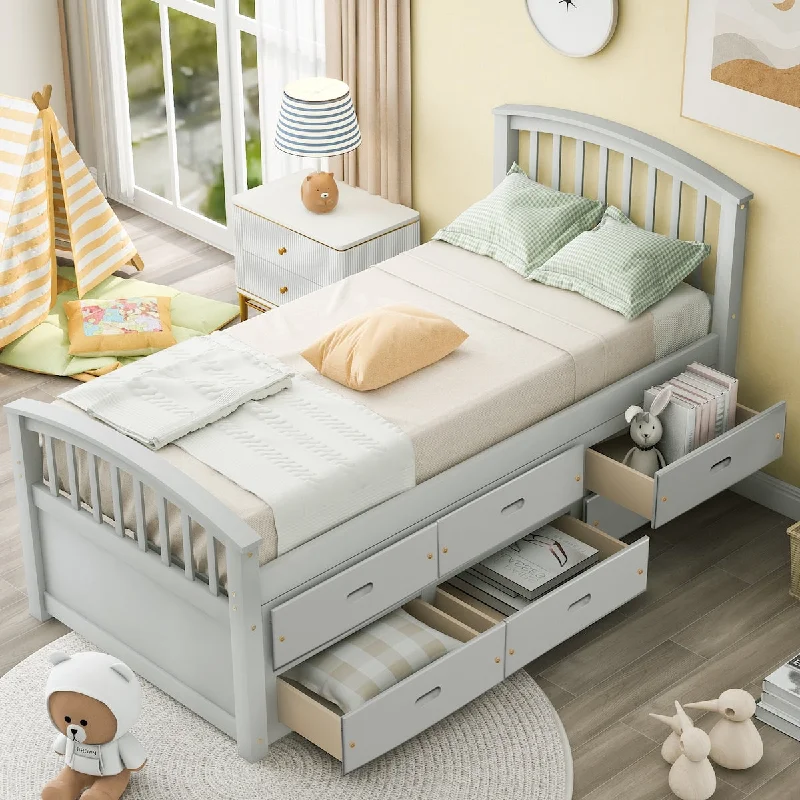 Gray Pine Wood Twin Size Platform Bed Frame with Drawers