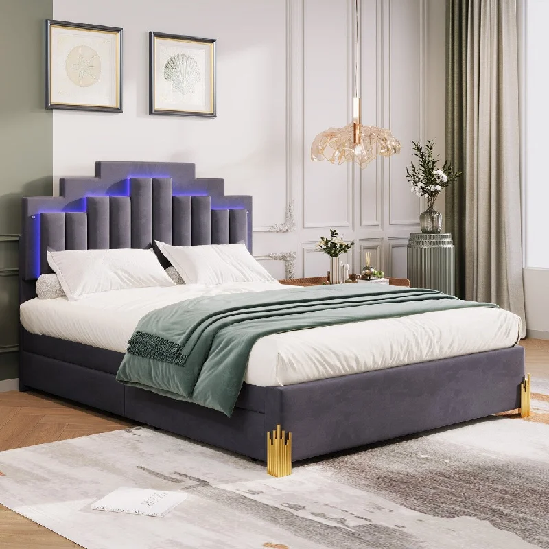 Gray Velvet LED Upholstered Platform Bed, Drawers, RGB Lights, Stylish Metal Bed Legs