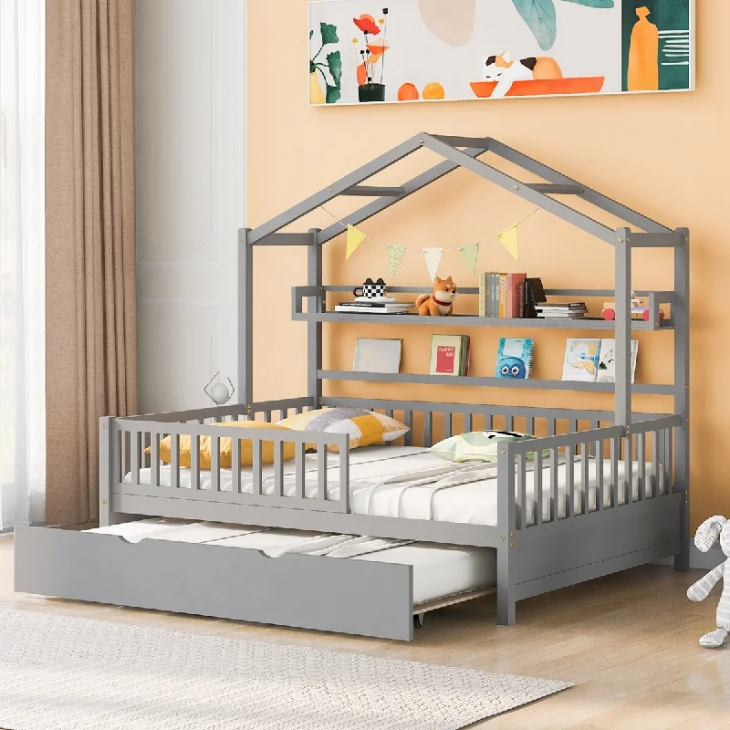 Gray Wooden Full Size House Bed with Twin Size Trundle, Shelf, and Playhouse Design