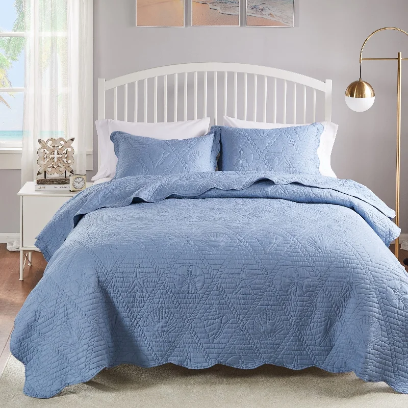 Greenland Home Fashions La Jolla Coastal Quilt Set with Nautical and Seashell Stitching