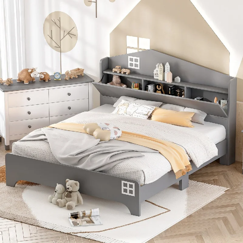 Grey House Platform Bed with Storage House Shape Headboard