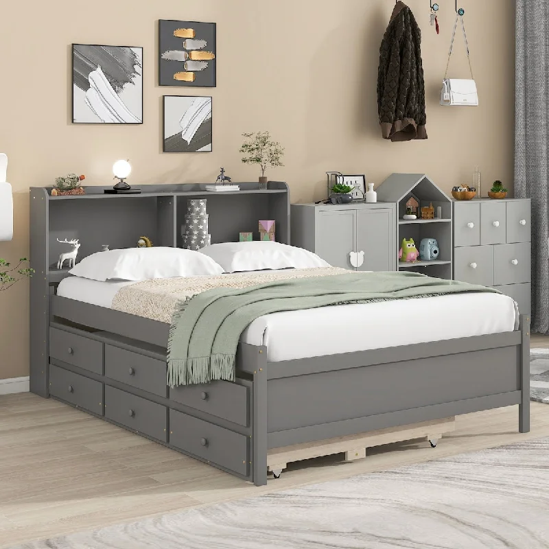 Grey Platform Bed with Bookcase, Twin Trundle, Drawers