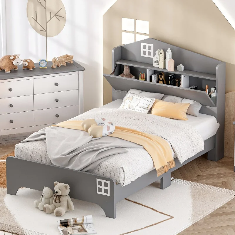 Grey Twin Size House Platform Bed with Storage