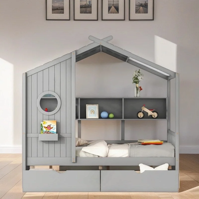 Kids Furniture Wooden Full Size Kids Bed with Storage Shelf and Drawers House Bed with 2 Drawers, Grey