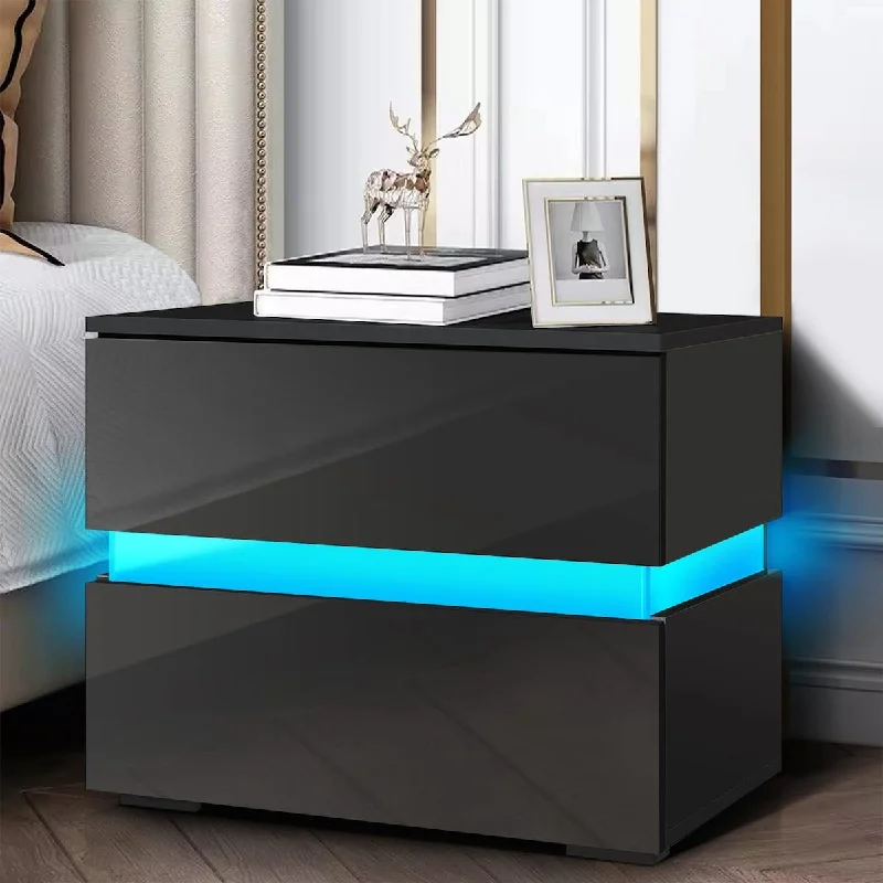 LED Nightstand with 2 Drawers Modern Black Nightstands with Storage Cabinet High Gloss LED Bedside Table with Drawers End Table