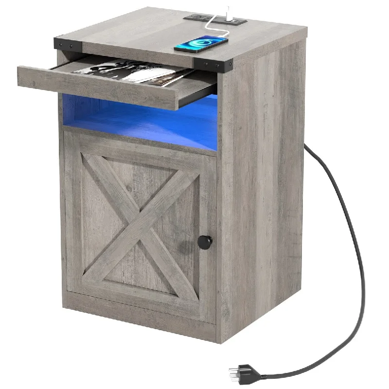 LED Nightstand with Charging Station, Bedside Tables with Cabinet & Pull Out Tray Farmhouse Side Table LED Light Night