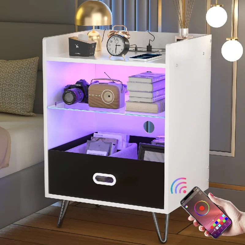 LED Nightstand with Charging Station for Bedroom,White Smart Bedside End Table with USB and Storage Drawer