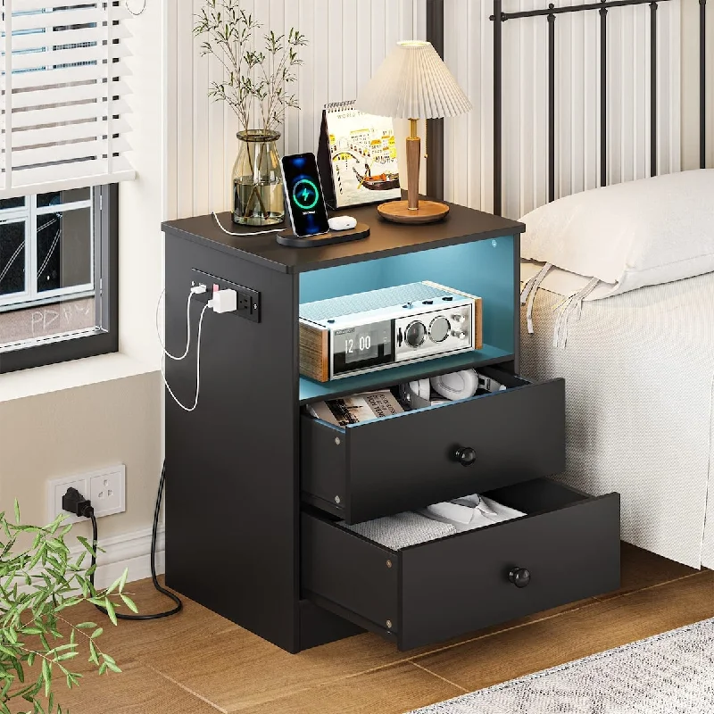 Light Nightstand with Charging Station, Bed Side Table with 2 Drawers, Black Bedside End Table for Bedroom with 2 Power Outlets