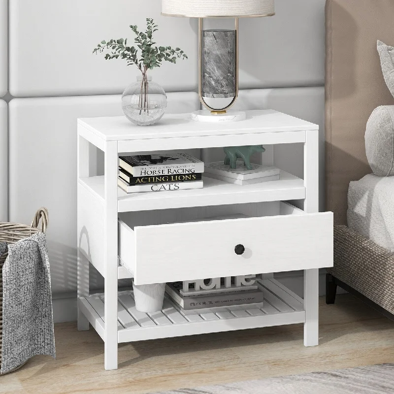 Modern Bedroom Wooden Nightstand with 1 Storage Drawers and 2 Open Shelves, 26.2''L x 15''W x 26.5''H, White