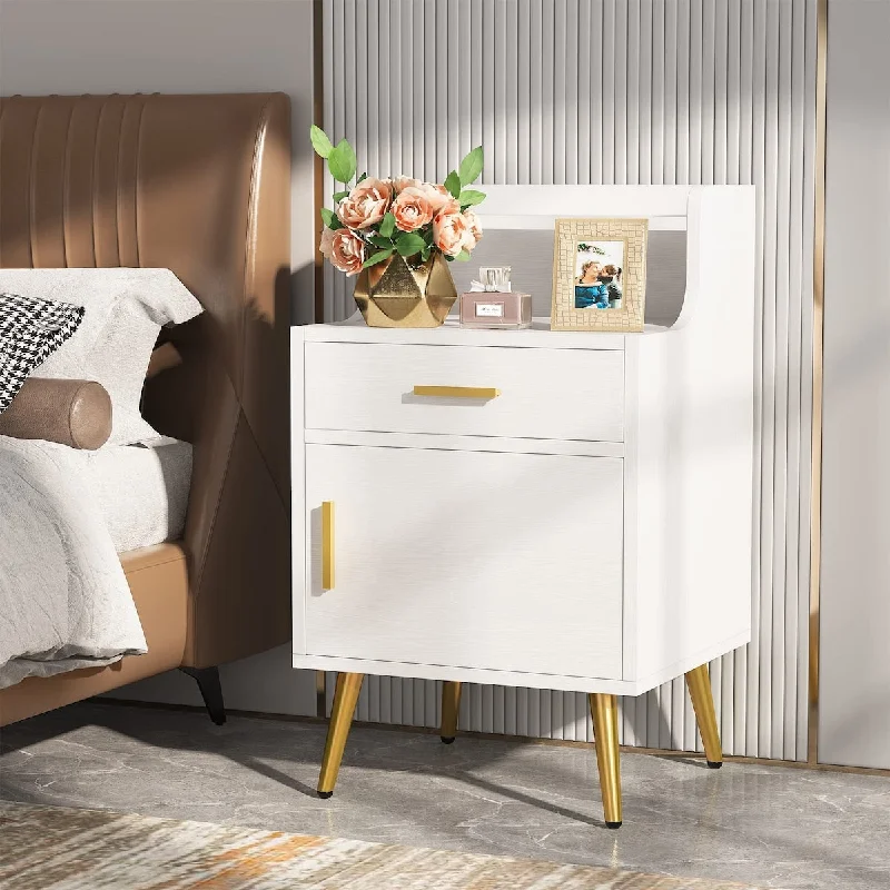 Modern Gold Nightstand, White Nightstand with Drawer, 32 inches Tall Nightstand, Bedroom Night Table, Large Wooden Night Stand