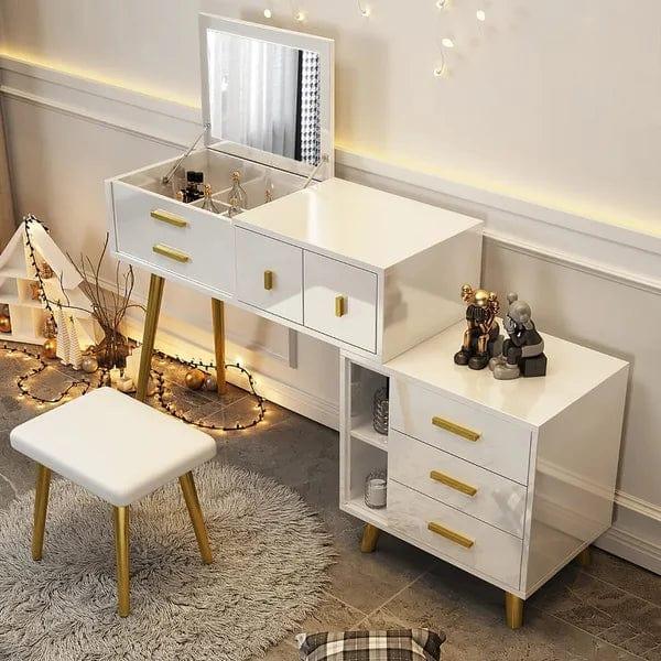 Valentina White Makeup Vanity Extendable Dressing Table with Mirror with Stool Vanity Desk, Makeup Vanity with Mirror, White Desk with Drawers, Makeup Vanity Desk, for Bedroom