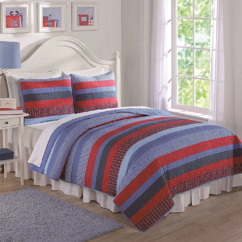 My World Red and Blue Sebas Stripe 3-piece Quilt Set