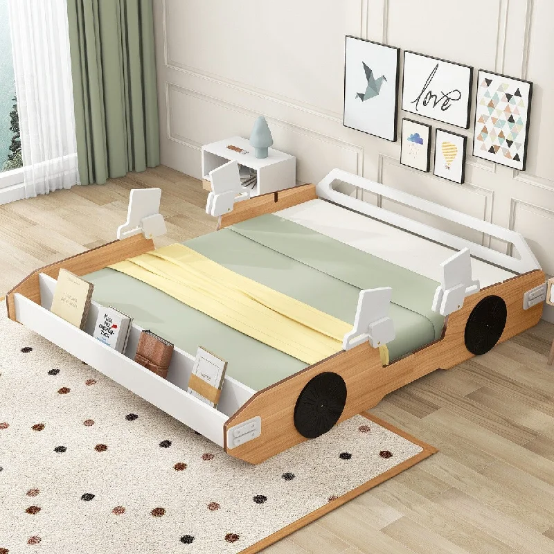 Natural Full Size Racing Car Platform Bed with Adjustable Gear