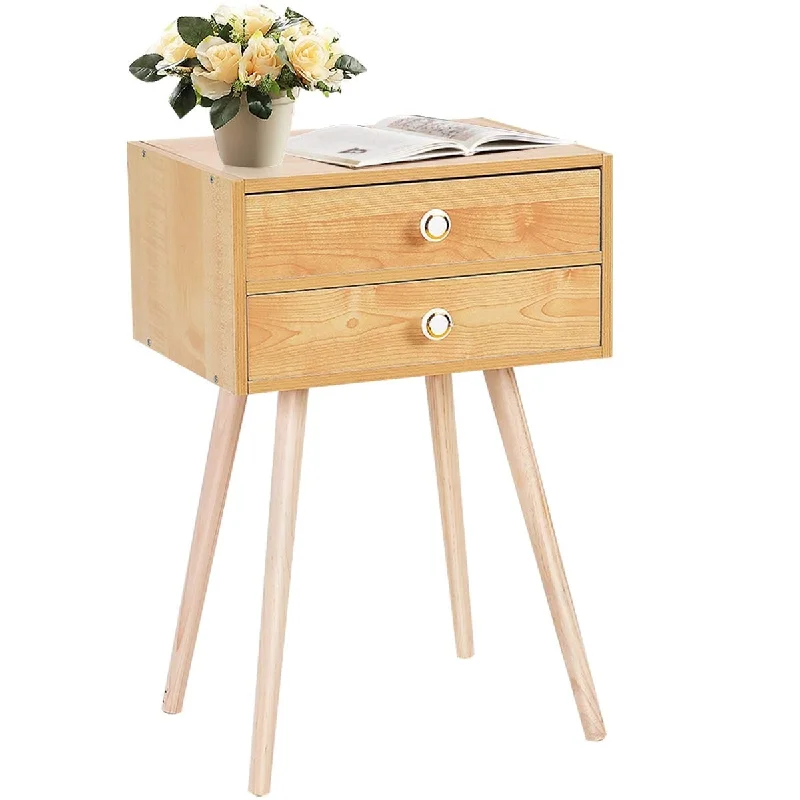 Nightstand W/2 Drawers for Bedroom Living Room Small Spaces Modern Home Furniture Simple Natural Legs Storage End Side Tables