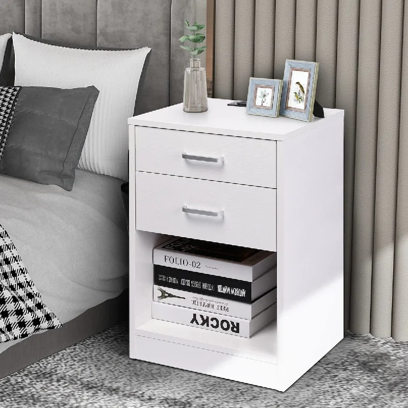 Nightstand with Charging Station and USB Ports, End Side Table with 2 Wooden Storage Drawer & Open Shelf, Bedside Stands Cabinet