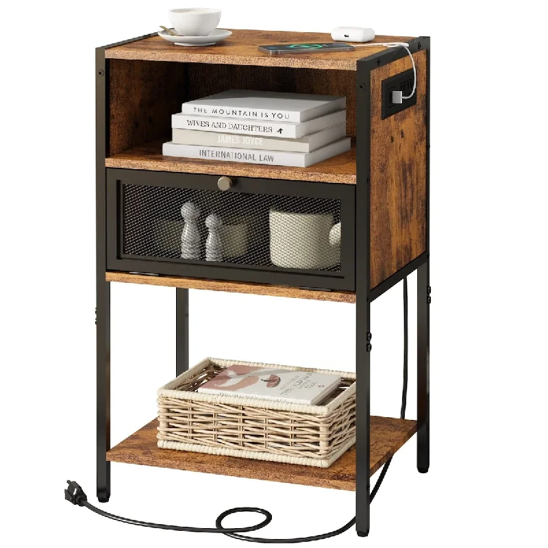 Nightstand with Charging Station, Bedside Tables with 3 Tiers Storage Space and Door, End Tables with USB Ports and Outlets