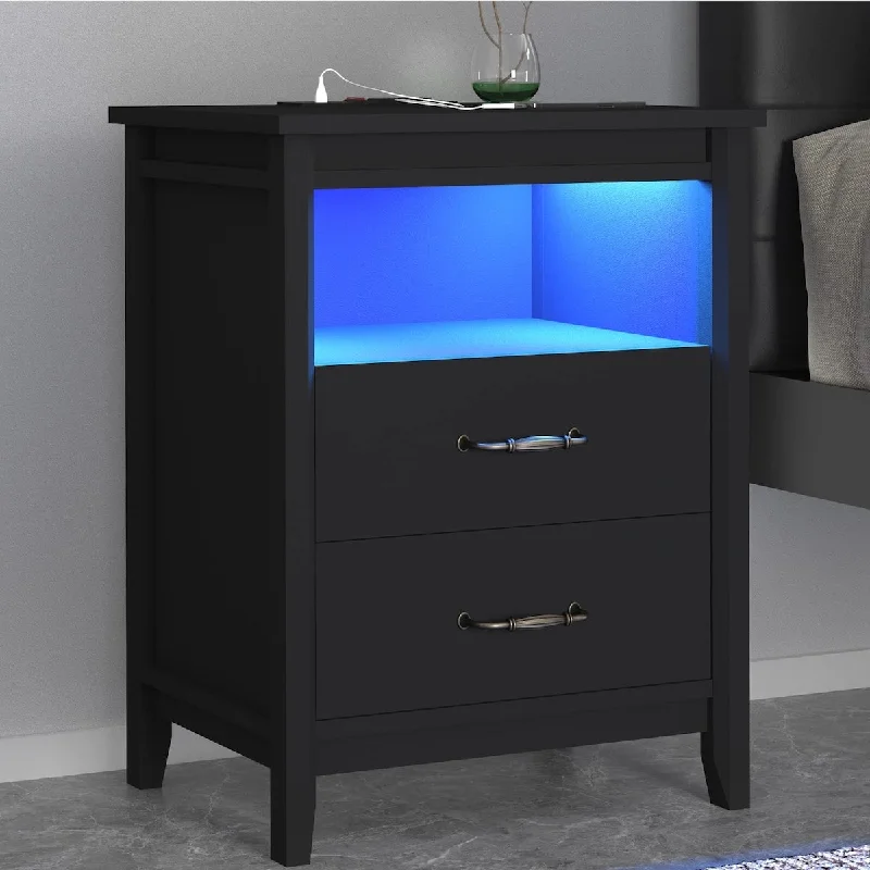 Nightstand with LED Lights and Charging Station, 2 Drawers End Table Bedside Table for Bedroom (Black)