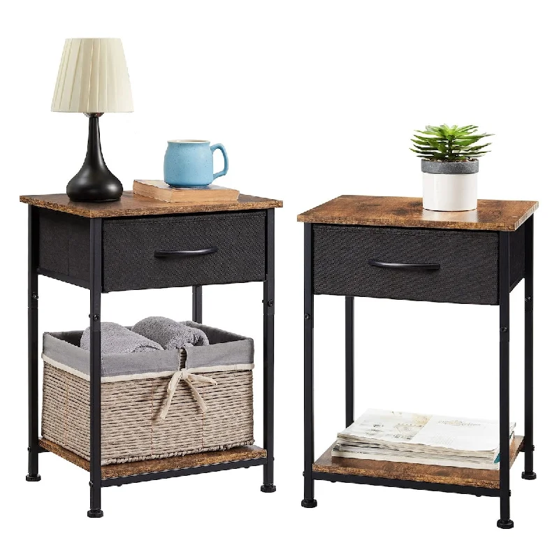 Nightstands Set of 2, Bedside Table End Table for Bedroom Nursery Living Room - Removable Fabric Drawer, Open Storage Shelf,