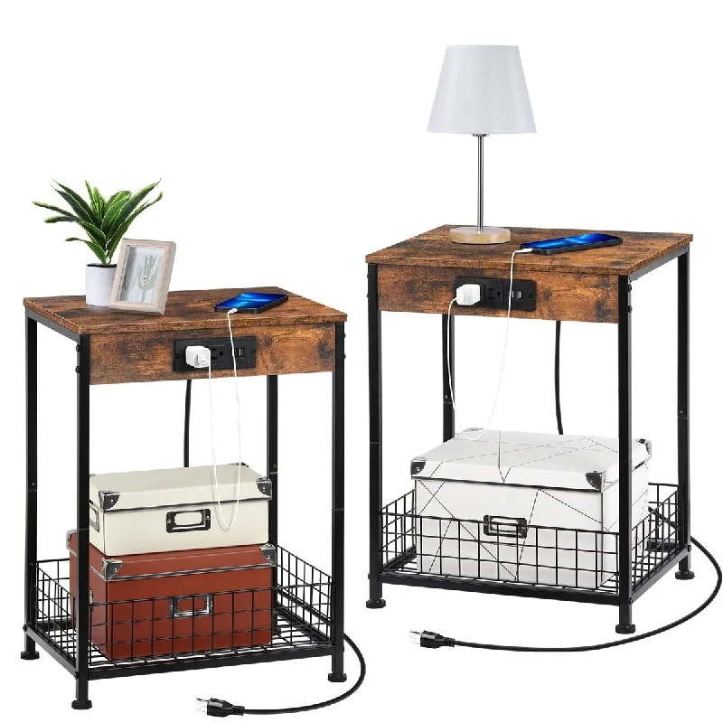 Nightstands Set of 2 End Table with Charging Station&USB Ports, 2 Tier Side Table for Bedroom Living Room Beside Table