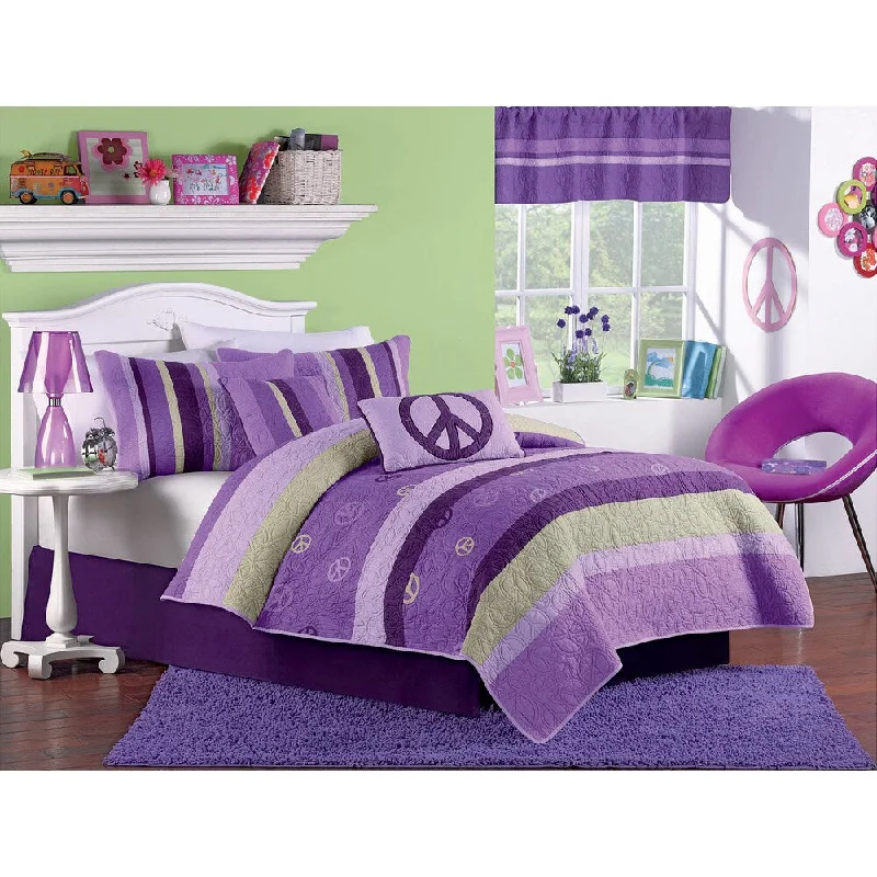 Peace Sign Twin-size Embroidered and Handcrafted 2-piece Quilt Set