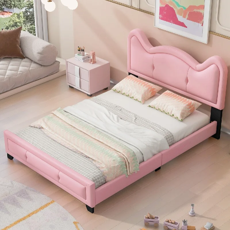 Pink Cute Pine Wood Upholstered Platform Bed