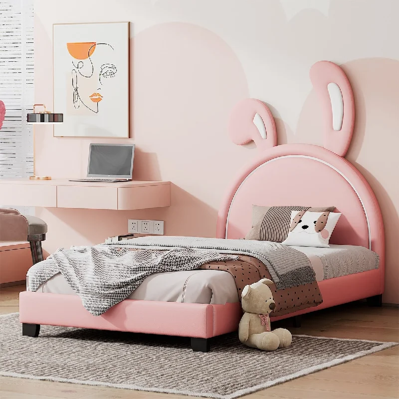 Pink Twin Size Rabbit Ornament Upholstered Platform Bed with PU Leather