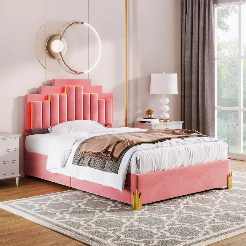 Pink Velvet LED Upholstered Platform Bed, Drawers, RGB Lights, Stylish Metal Bed Legs