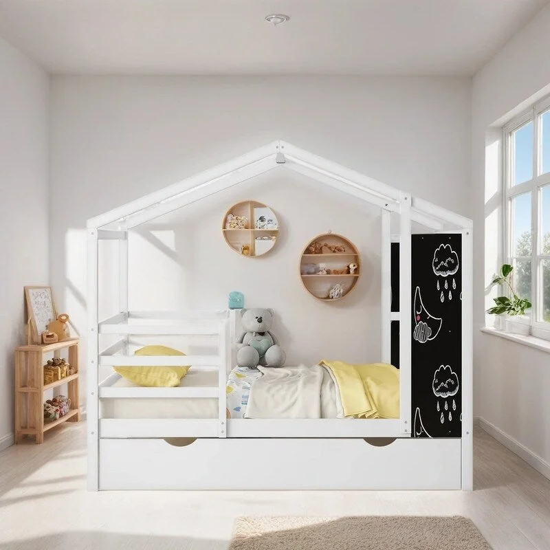 Playhouse Design Full Size Wood House Bed Kids Bed with Fence and Writing Board, White