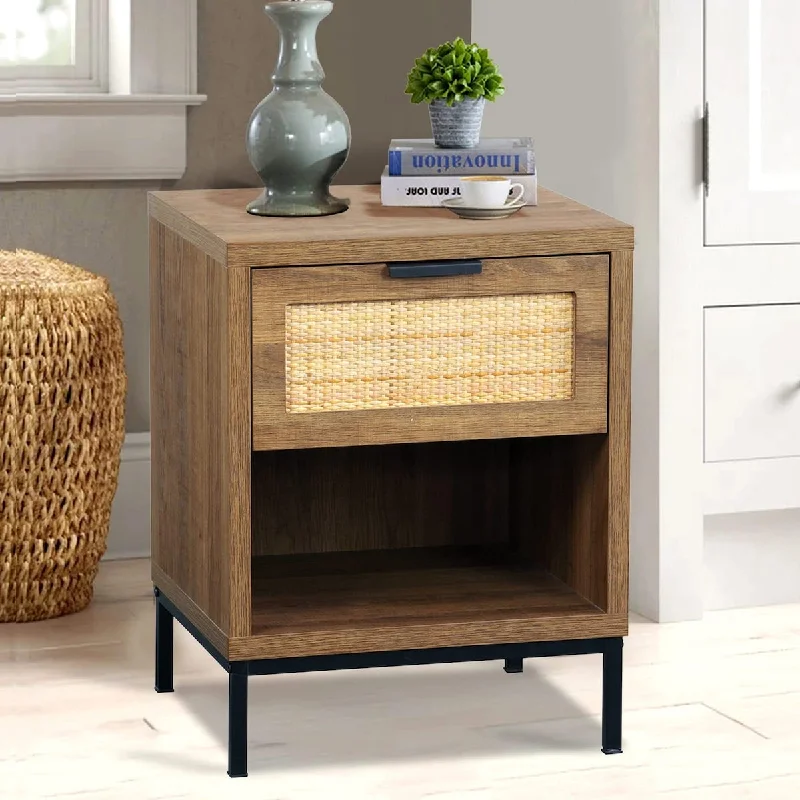 Rattan Drawer Nightstand, Bedroom Living Room Side Table Natural Wood End Table Wood Finish & Matte Accents with Storage H0010