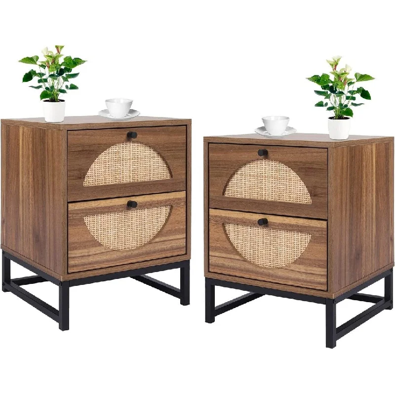 Rattan Nightstand Set of 2 - Bedside Tables Mid Century Nightstand with 2 Drawers, Night Stand with Storage Bedroom