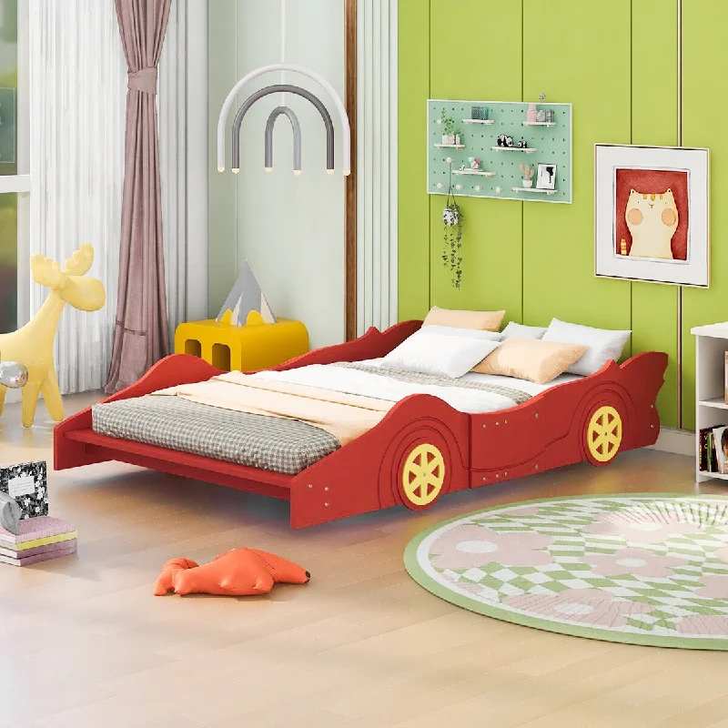 Red Race Car Full Size Platform Bed with Rails, High-Quality Pine Wood and MDF