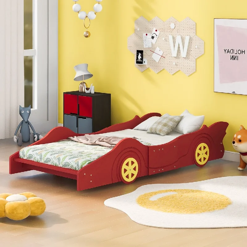 Red Race Car Twin Size Platform Bed, Safety Rails, Sturdy Slats, Pine Wood