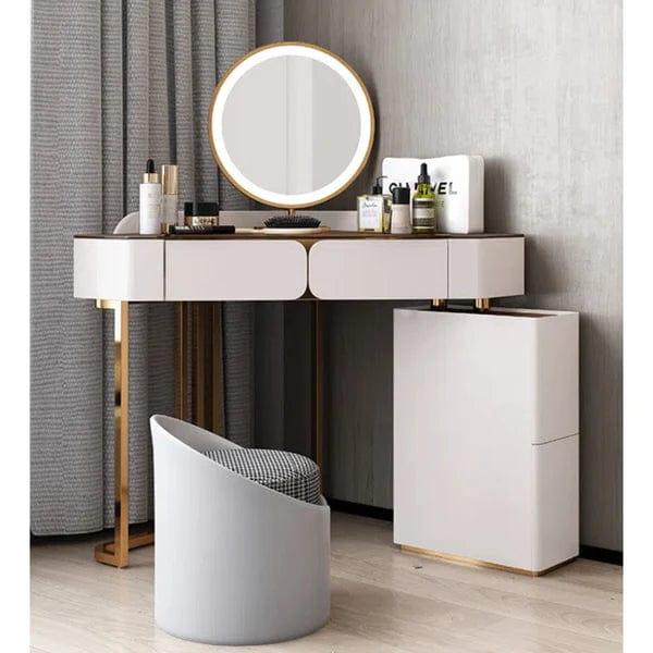 Vicente Vanity Dressing Table with Stool & Mirror, Dressing Table with Mirror and Stool, 4 Drawers Modern Vanity Makeup Writing Desk Bedroom Furniture, Metal Legs