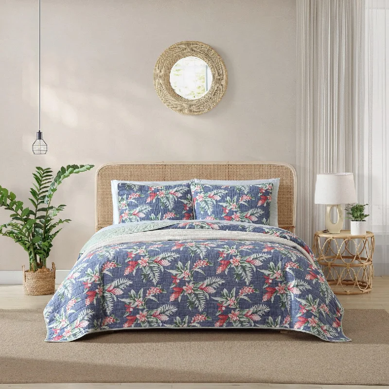 Tommy Bahama Floral Enchantment Cotton Reversible Blue Quilt Set