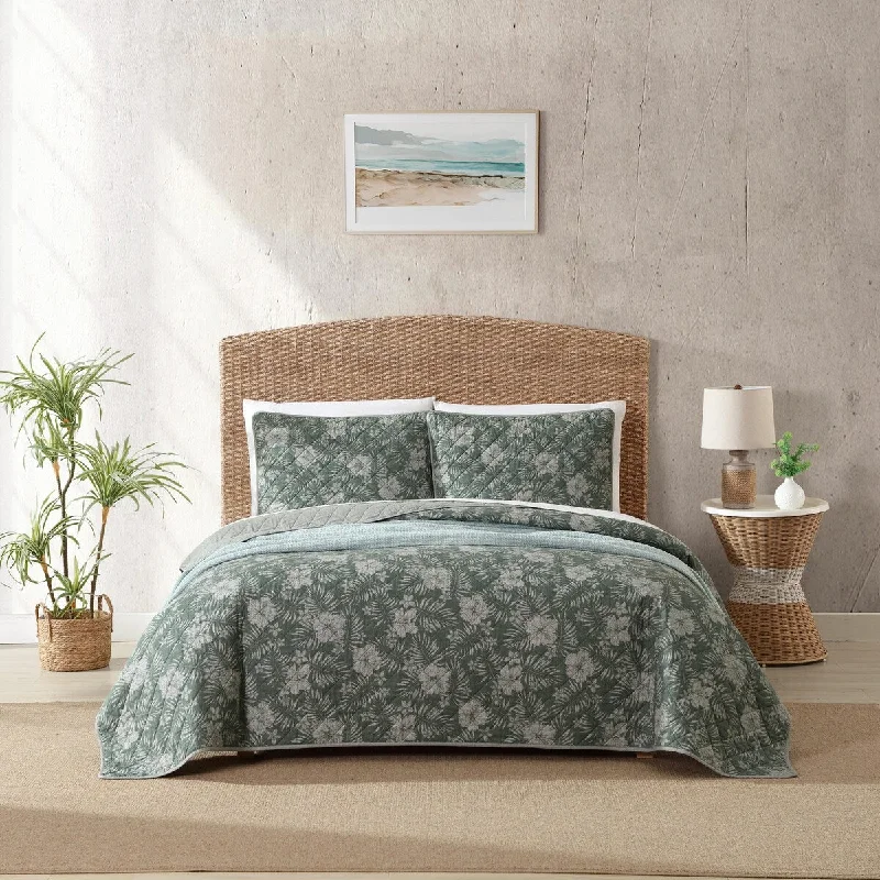 Tommy Bahama Hibiscus Jungle Cotton Reversible Green Quilt Set