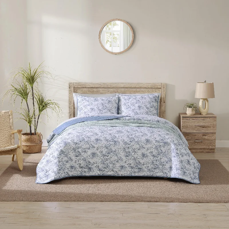 Tommy Bahama Pen And Ink Palm Cotton Reversible Blue Quilt Set