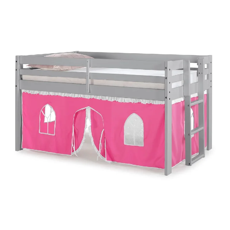 Twin Junior Loft Bed, Grey Frame and Pink/White Bottom Playhouse Tent