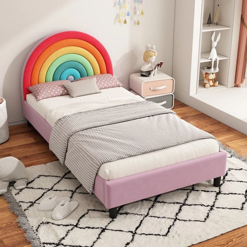 Twin Size Kid Bed,Upholstered Platform Bed Frame with Rainbow Headboard