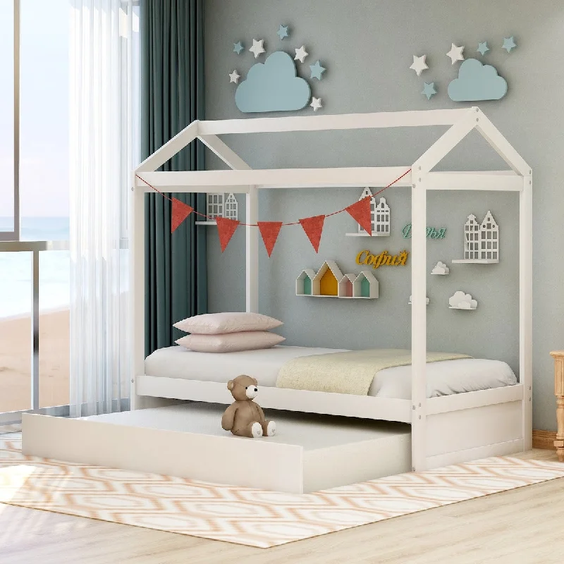 Twin Size Wood House Bed with Twin Size Trundle and Roof