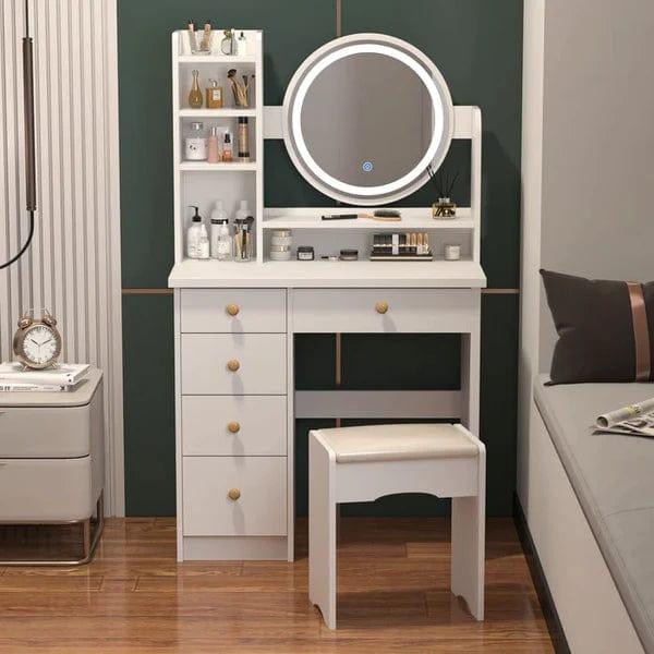 Marie Vanity Dressing Table With Storage, Makeup Desk with Round Mirror and Stool, for Girls Bedroom Vanity Table, 5 Drawers, (White)