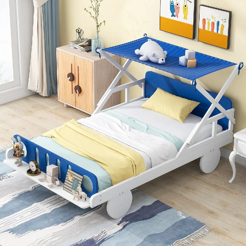 White+Blue Playful Twin Car Platform Bed, Ceiling Cloth, Storage Shelf, Wheel Legs